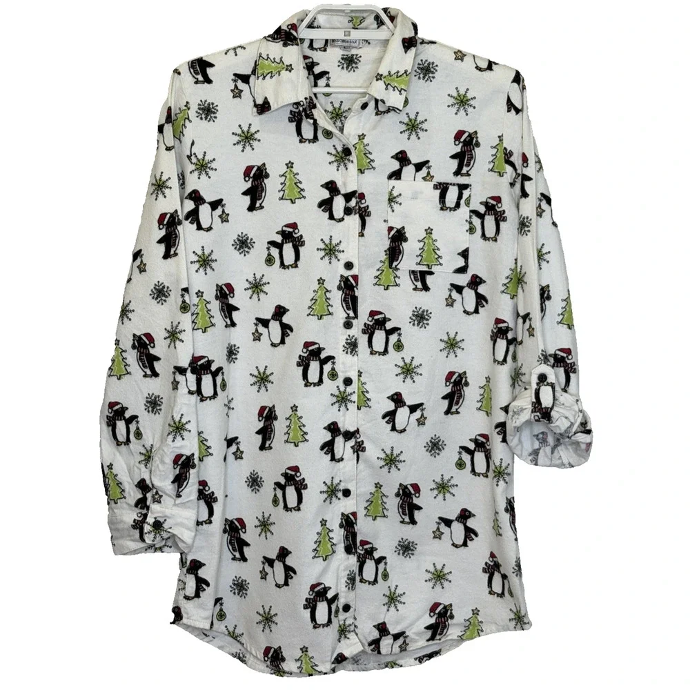 Insomniax Flannel‎ Christmas Print Sleep Shirt Womens Size Small Penguins Trees